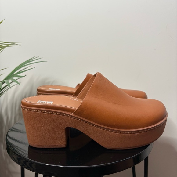 Fitflop Pilar Leather Mule Platform Clogs Brown Size 9 New - Picture 1 of 7